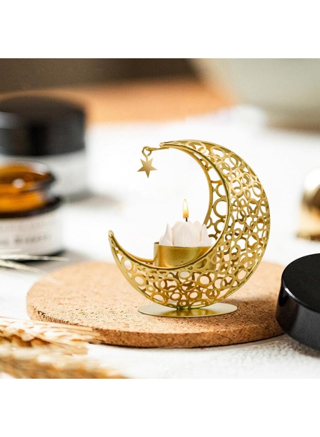 Eid Moon Candle Holder, Ramadan Hollowed Decoration Lights Atmosphere Modeling Decor for Eid and al Adha Celebration, Home Table Party Ramadan Tabletop Lighting Decorations (Gold) - Image 2